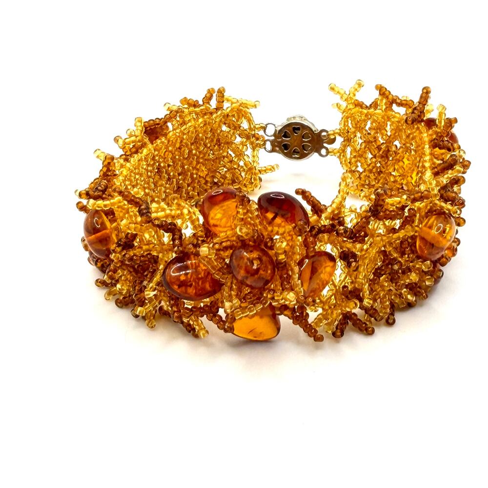 Vintage 90s Amber Gemstone Shag Fringe Beaded Statement Bracelet